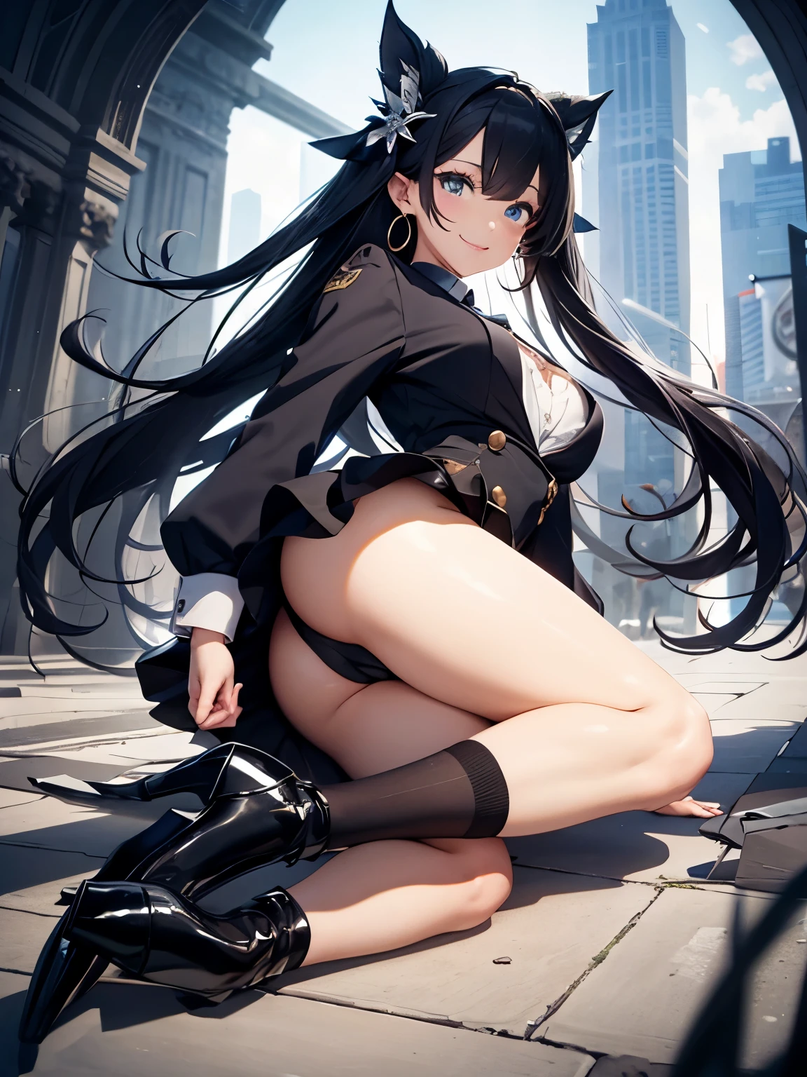 ((Biologically correct number of limbs))、(( Full body photo including face))、4K、((standing position))、masterpiece、((focus on the face))、((Symmetrical facial features))、Eyes with detailed description、Beautiful woman、outstanding style、beautiful arms、beautiful legs、beautiful hands、(small ass、thin thighs）、Detailed depiction of faces、small earrings、necklace、(shiny uniform、shiny skirt、high heels、stockings）smile、（beautiful legsのアップ）、
