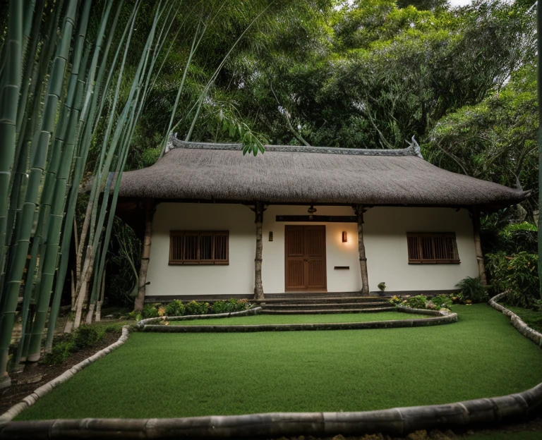 outdoor house, Well-pruned green trees, royal garden,grass yard,beige wall, sloped roof, thatched roof vietnamese traditional, big tree back side, green garden ,wood door, (night:1.2),(northen light), beautiful landscape, stream in front of house, in the bamboo forest, RAW photo, 8k uhd, dslr, soft lighting, high quality, film grain, Fujifilm XT3, (indoor lighting),