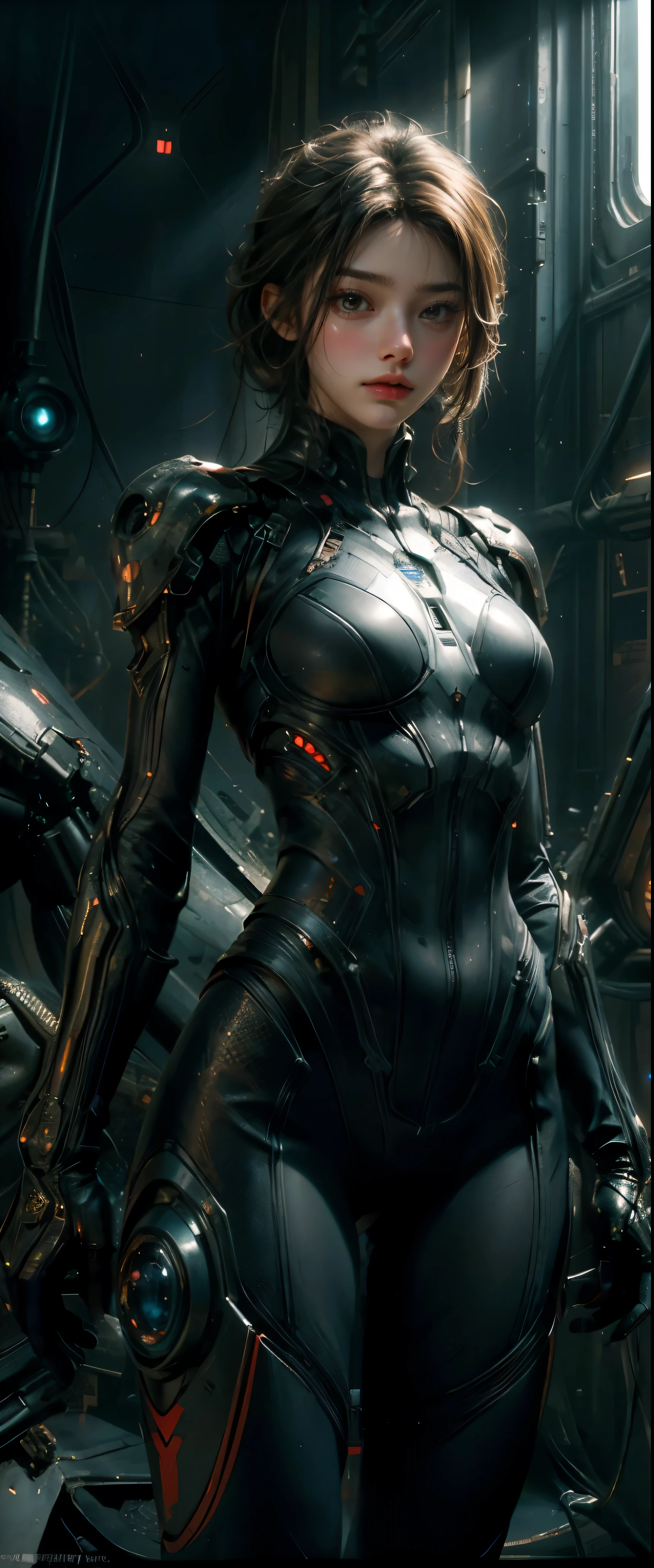  ((masterpiece, highest quality, Highest image quality, High resolution, photorealistic, Raw photo, 8K)), Ultra Wide Angle, Alien Landscap, A female stands next to an Alafedro robot on top of a hill, influenced by Stefan Koidl's background of discarded mechas. The art created by Craig Mullins, specifically in the style of Craig Mullins' Necro, portrays a detailed and futuristic science fiction scene. The emphasis is on SF concept art, with vivid colors and sharp focus. The overall lighting captures the essence of concept art in films,