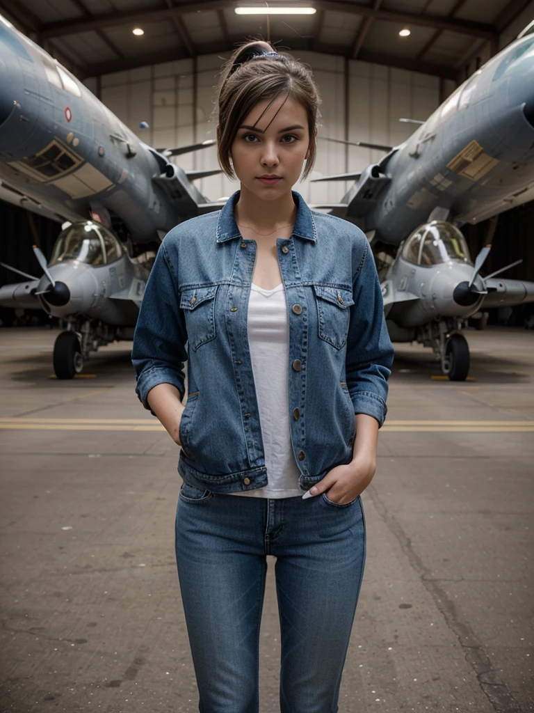 A European beauty, wearing an air force blue jacket and jeans with short hair tied in a ponytail style, posing for the camera on her side. She is surrounded by fighter jets and hangars, with full body photos, real person photography, character details, and a cinematic