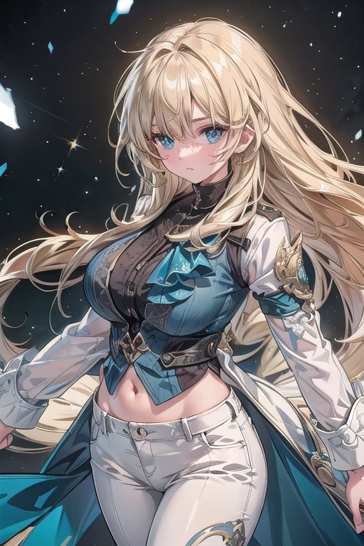 Ultra Detailed, 50mm, official art, unity 8k wallpaper, ultra detailed, aesthetic, masterpiece, best quality, photorealistic, 1girl, luocha, blonde hair, long hair, white coat, black shirt, white pants, blue ascot, blue armband, blue vest, narrow waist, dynamic pose, dynamic angle, ((big breasts) 1:1) , ((blue-eyes))