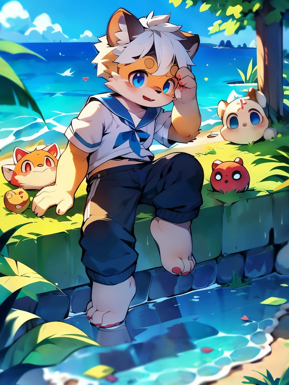 intermittently,masterpiece,high resolution,8K,Detailed background,high quality,intermittently,intermittently,(light blue fur,white hair,black sclera,hairy的毛皮,fine fur)) hairy, shattered, muscular, horny boy, doll, shorter pants, Swimming pants, abyss,((at the bottom of the sea, seaside, play with water, swim, dive,float)), solo,Sailor suit,lying on bed,behave in a spoiled manner,blush shy