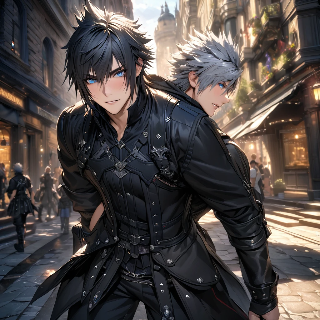 absurdres, highres, ultra detailed, HDR), masterpiece, best quality, vibrant blue eyes, finely eyes and detailed face, Riku, grey hair, Kingdom hearts, Noctis Lucis Caelum, black spiky hair, Final fantasy xv, a man carrying a man on his back, gay, handsome, black fantasy clothes, street