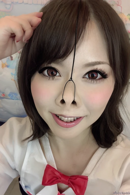 high quality, super detailed, 最high quality, Extremely detailed, beautiful, masterpiece,masterpiece, 最high quality, 1 mature woman, alone, looking at the viewer, Japanese,Japanese 熟女 milf,Apron Clothing,face focus,face focus,face close up,wavy hair,False lashes,Narrow eyes,naughty smile,thick lips,Bimbo face,dark makeup,kindergarten teacher,Nursery school teacher,
