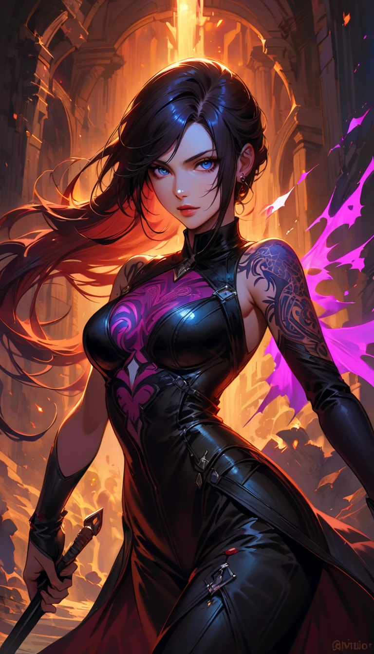 a detailed portrait of a female assassin in a dark fantasy setting, with long flowing hair in shades of black and purple, Tattood on the face, piercing blue eyes that emanate a sense of danger [detailed eyes, piercing blue:1.1], wearing a sleek black leather outfit [black leather outfit], adorned with intricate tattoos all over her body [intricate tattoos:1.1], including dragon scales on her arms [dragon scale tattoos] and an elaborate skull design on her back [skull tattoo:1.1]. She stands in a dimly lit underground chamber [dimly lit underground chamber], holding two curved daggers [curved daggers], The scene is illuminated with flickering torches [flickering torches], casting shadows and enhancing the suspenseful atmosphere. The color palette is predominantly dark and moody, with hints of red and purple accents [dark and moody color palette, red and purple accents], creating a sense of mystery and danger. The lighting emphasizes the sharp edges and intricate details of the assassin's attire and tattoos, adding depth and texture to the overall composition [emphasis on sharp edges, intricate details]. The image is of the highest quality, with extreme attention to detail [best quality, extreme attention to detail:1.2], showcasing the artist's technical expertise and mastery of light and shadow. The art style is realistic yet with a touch of fantasy, capturing the essence of the dark and intriguing world of Dungeons & Dragons [realistic art style with a touch of fantasy].