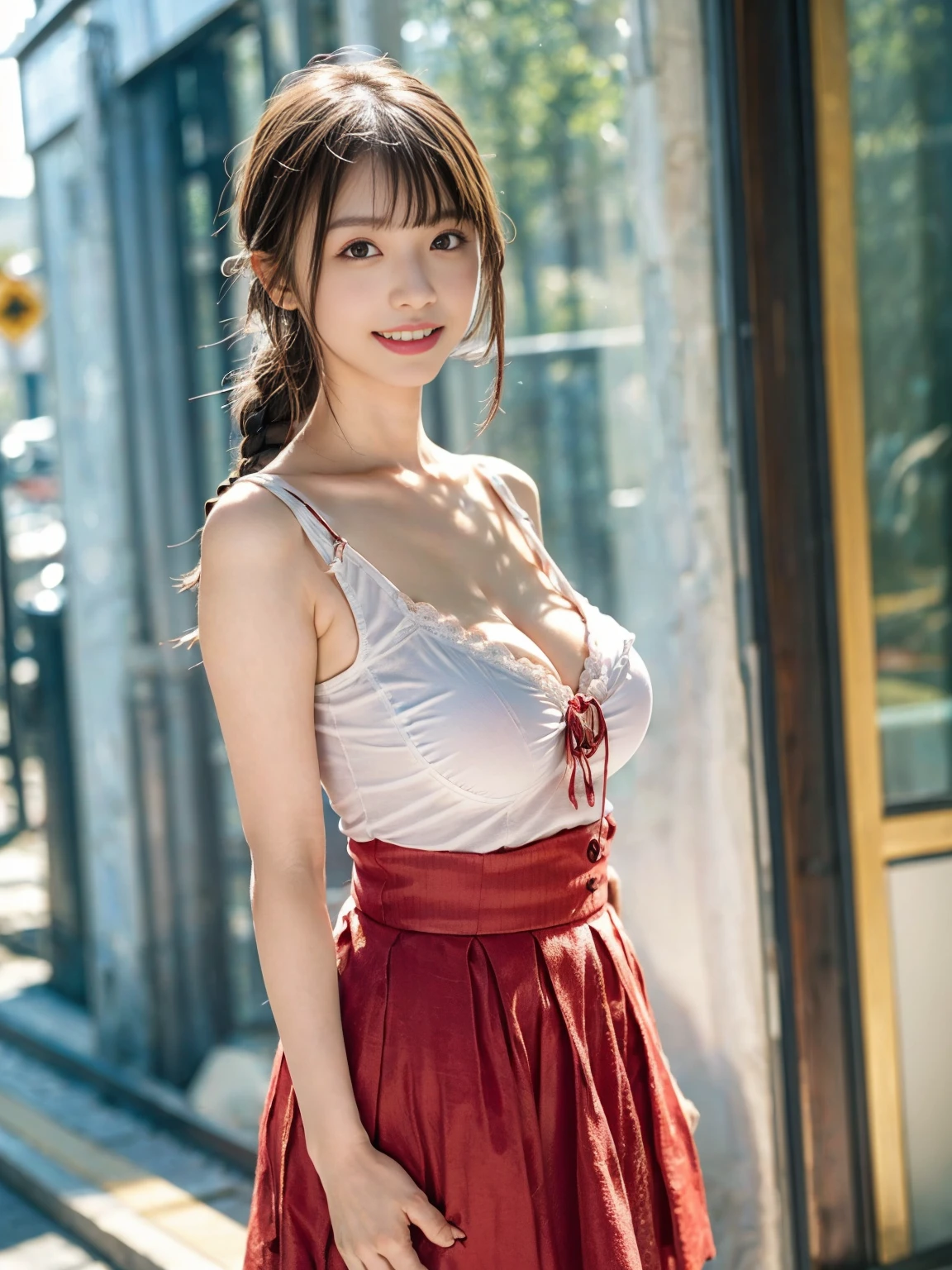 (masterpiece, realistic, photo-realistic:1.2), finely detail, ultra high res, perfect anatomy, best quality, 8K, sharp focus, face focus, (cowboy shot, happy smile:1.3), (1girls, Japanese young girl, natural makeup, elaborate gothic clothes, blouse and mini-skirt with lots of frills and laces:1.2), (sexy pose to emphasize breasts, standing:1.2), (glowing black hair, braided half-up hair, blunt bangs:1.2), cute detailed face and eyes, natural color lip, (white and smooth skin, round face, short stature:1.2), (huge pointed breasts:1.5), natural lighting, bokeh, film grain, (detailed background, down town, tall skyscrapers, Tokyo:1.2),