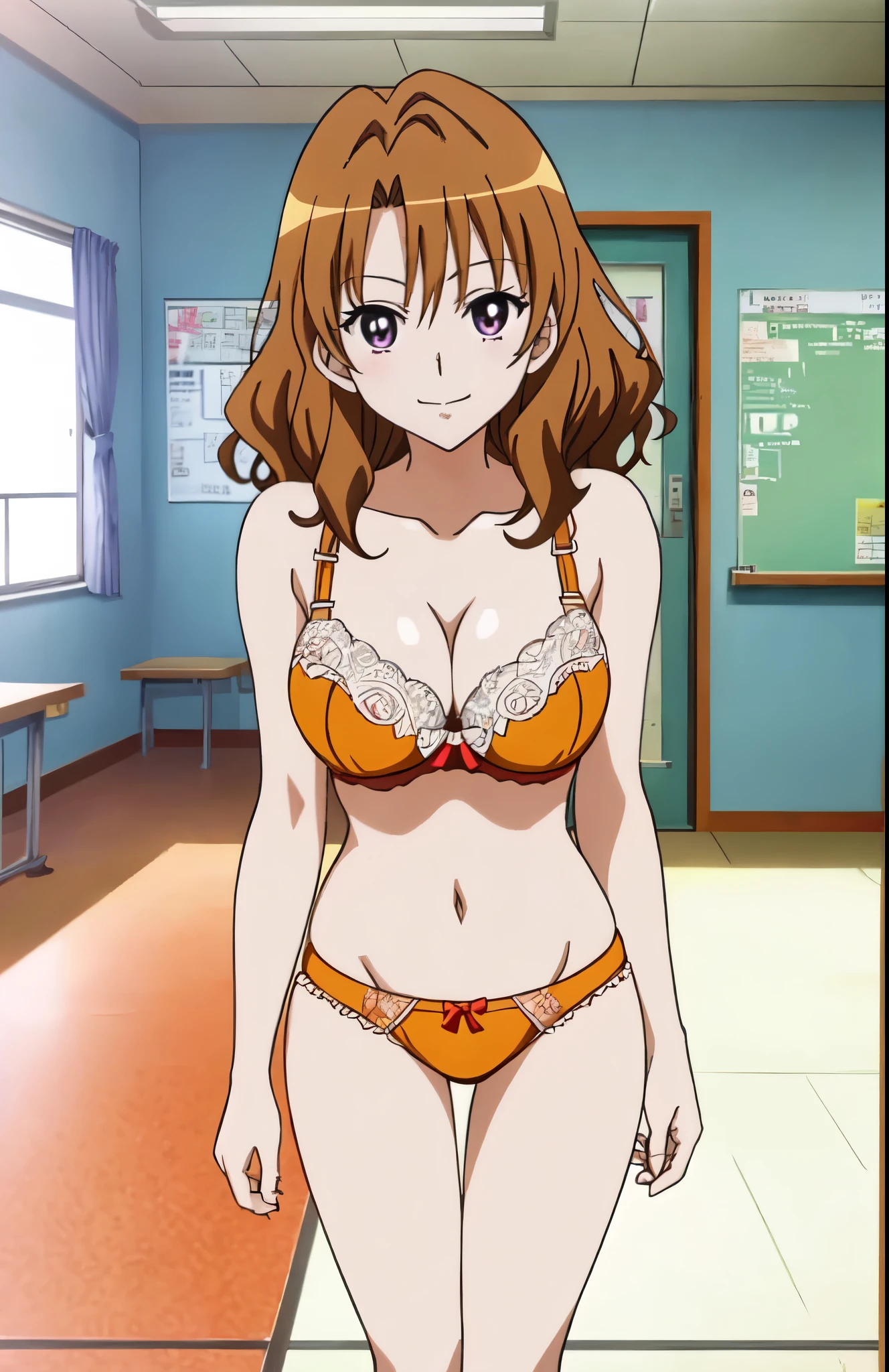 anime girl in a orange bra with a purple bow and orange panty、Woman with short brown hair、brown eyed woman、wavy hair、seductive anime woman、clothing:orange bra、orange panties、tall woman、sexy atmosphere、anime moe art style、big breasts、woman with very large breasts、(anime girl)、attractive anime girl、naughty anime style、Beautiful charming anime teen、Smooth anime CG art、school classroom、indoor、cleavage、bra with an orange、panty with an orange、whole body、a girl is standing、digital anime art!!、female focus、perfect body、pretty anime girl、full body、anime best girl、solo、underwear only、Bra and panties only、8k!!、High resolution!!、