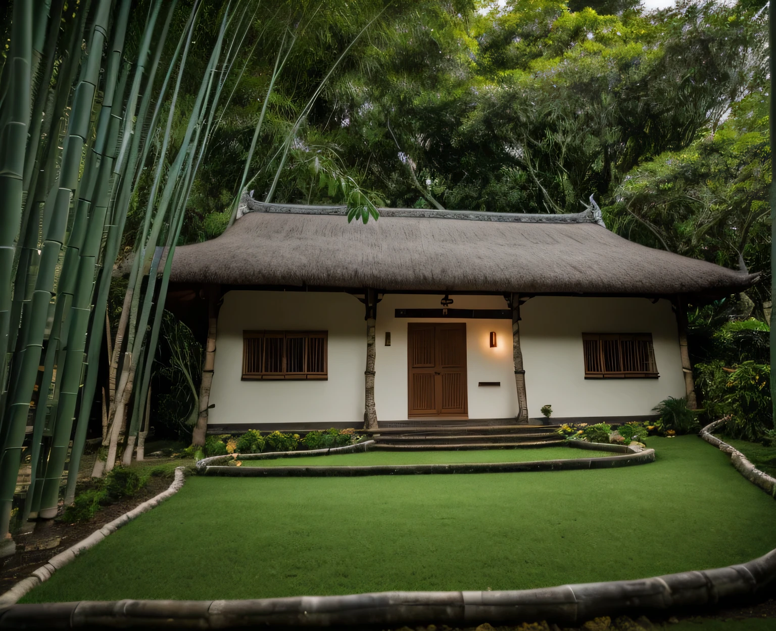 outdoor house, Well-pruned green trees, royal garden,grass yard,beige wall, sloped roof, thatched roof vietnamese traditional, big tree back side, green garden ,wood door, (night:1.2),(northen light), beautiful landscape, stream in front of house, in the bamboo forest, RAW photo, 8k uhd, dslr, soft lighting, high quality, film grain, Fujifilm XT3, (indoor lighting),