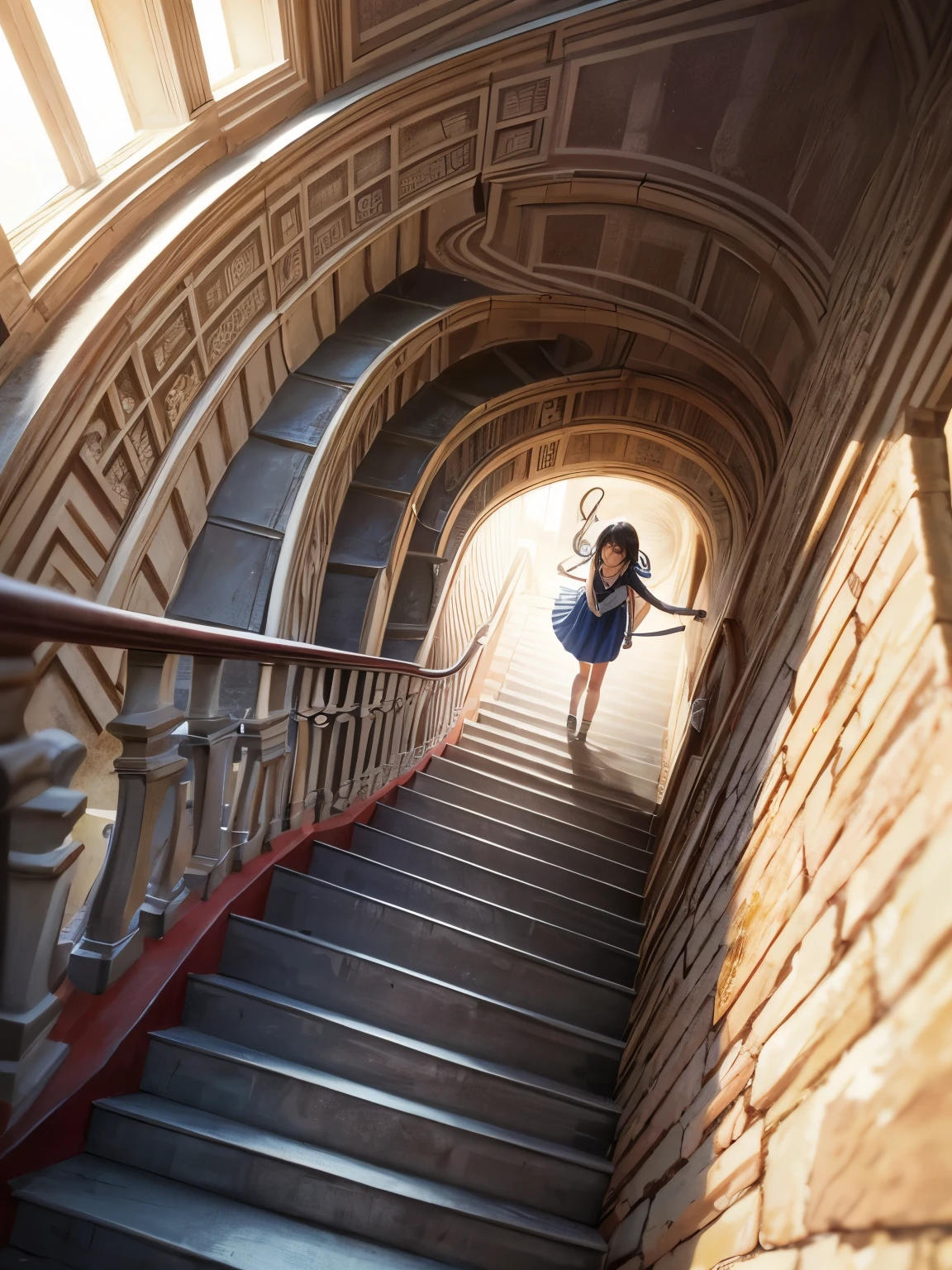 Una escalera de espiral que no tiene fin. En la pared que rodea la escalera hay mascaras de teatro romano con distintas caras. Ilustrado con tecnica analoga. El estilo debe ser surrealista.