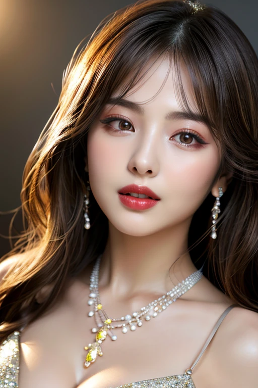 (highest quality、Bust up photo 1.2、8K、best image quality、Award-winning work)、(one young girl, :1.3)、(Luxury dresses:1.2)、(red eyeshadow:1.2)、perfect makeup、long eyelashes、Super high-definition sparkling eyes、ultra high definition hair、ultra high resolution glossy lips、Super high resolution perfect teeth、Super high resolution cute face、brown hair、(very long straight hair:1.1)、look at me and smile、[clavicle]、accurate anatomy、(close up of face:1.5)、Luxury love hotel、(The most moody warm lighting:1.2)、blurred background、With bangs、Super high-resolution glossy and moisturized face、Super high resolution glowing skin、most detailed face、Ultra high resolution detailed faces、ultra high resolution hair、Super high resolution sparkling eyes、Beautiful face drawn in every detail、Super high resolution glossy red lips、big breasts、cleavage、Fashionable necklaces