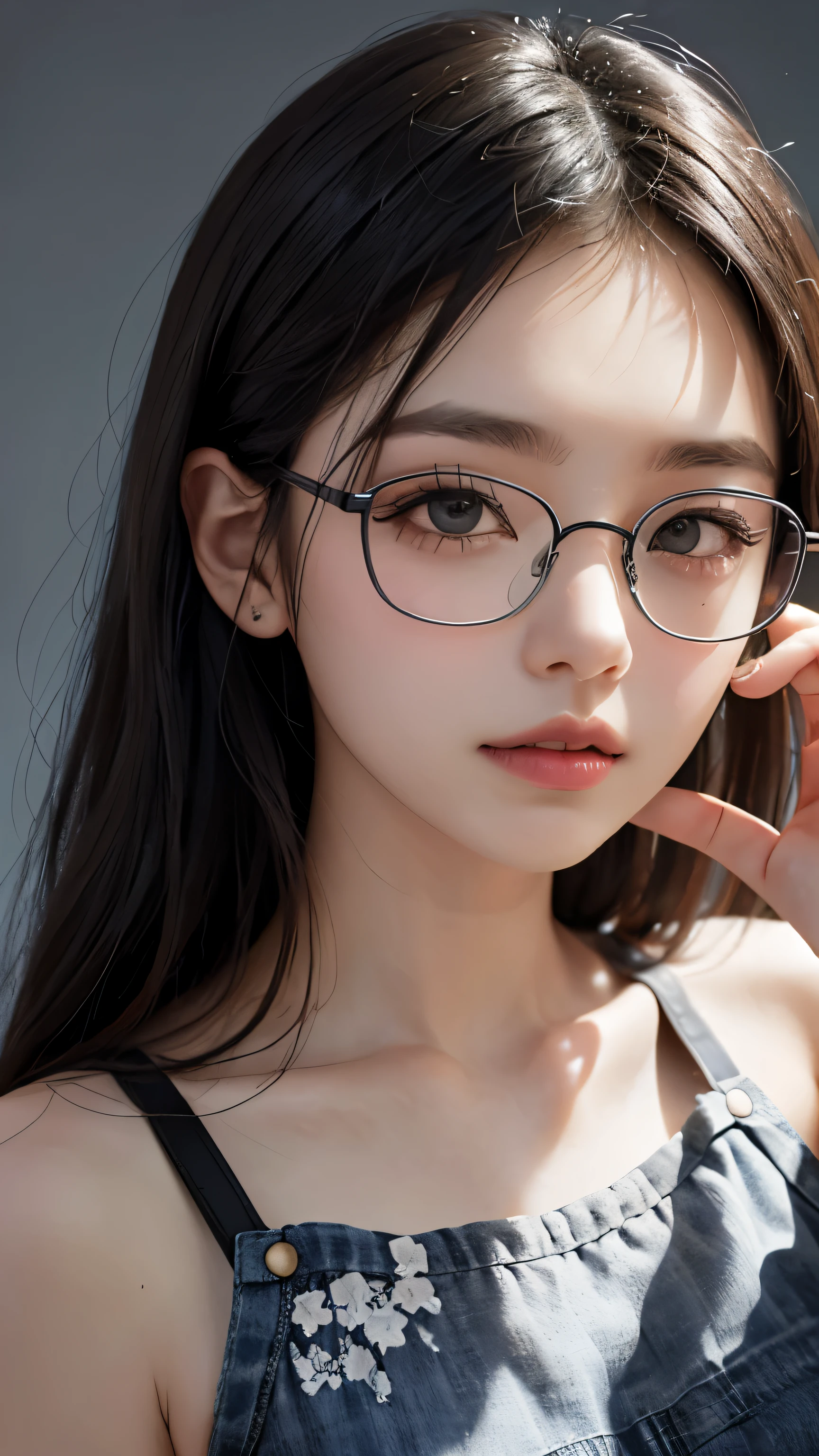  face , black hair, black rectangle glasses 