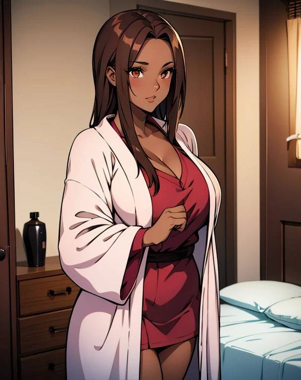 Multiple characters, bedroom, bathrobe, hair with acessories, brown hair, curvy, dark skin