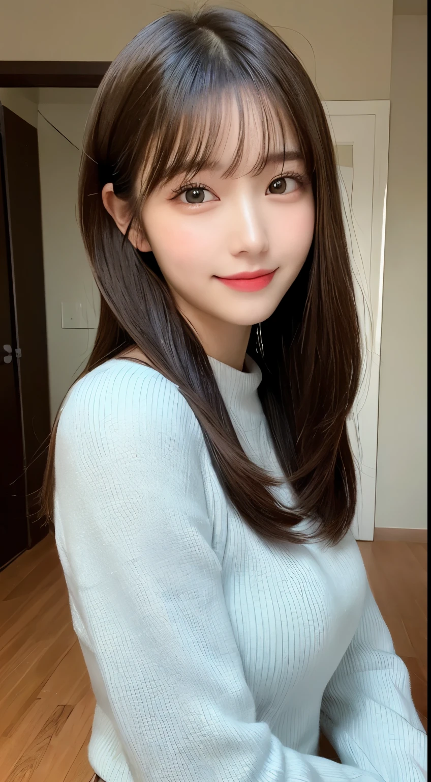 table top, highest quality, shape, Super detailed, finely, High resolution, 8k wallpaper, 完璧なダイナミックな構shape, beautiful and detailed eyes, straight hair, small ???????, natural color lip, random ???? pose,smile,20 year old girl、midnight、Beautiful and dense face、perfect and beautiful face,Big eyes、Raw photo、Expressing feminine poses with your whole body、beautiful and detailed eyes、small face、beautiful duplex、slim face and style,beautiful golden ratio face、Ladies casual suit setup（long sleeve blouse）、bright eyes、はにかんだsmile