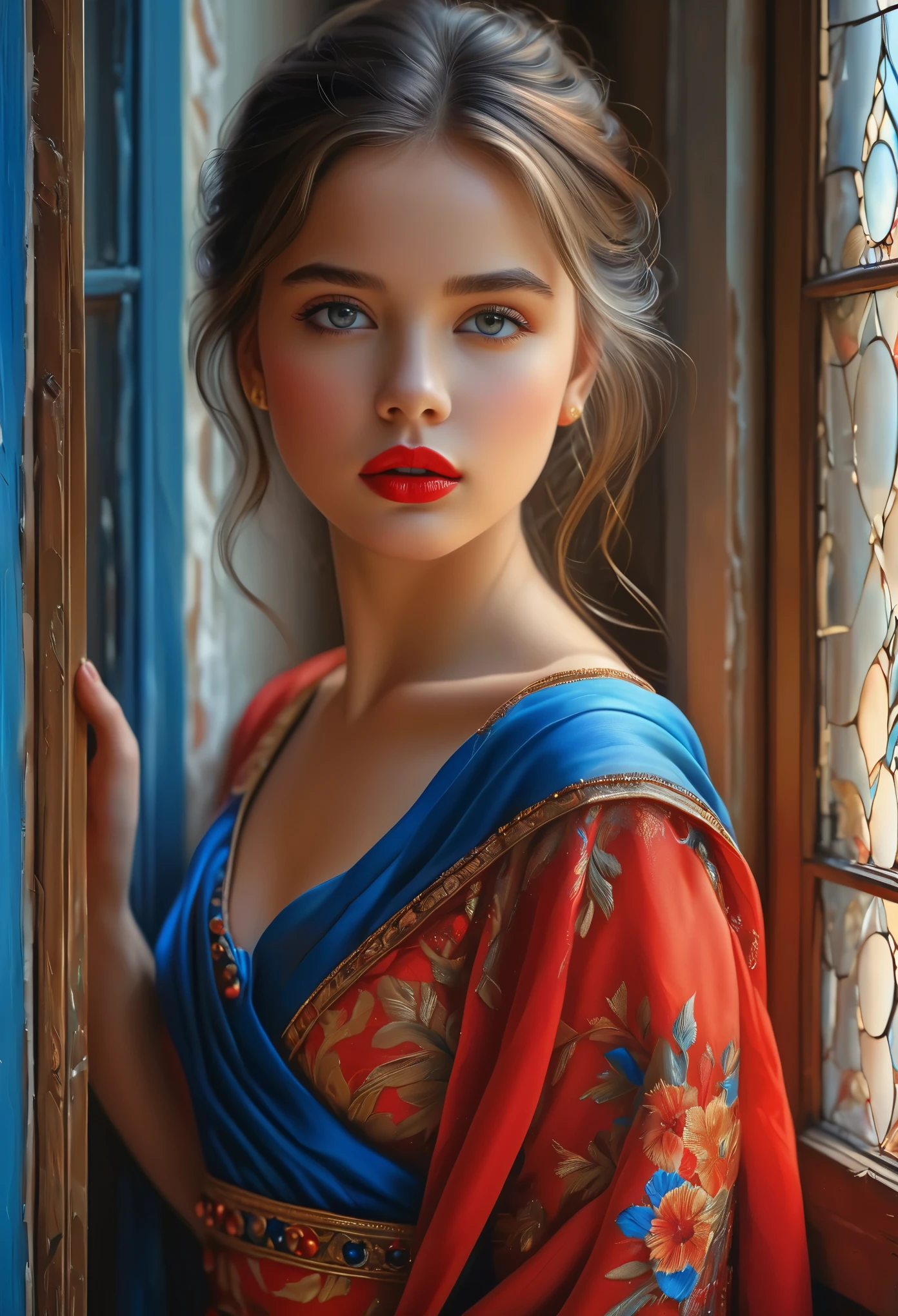 (Best Quality, 4K, 8K, High Resolution, Masterpiece: 1.2), (Super Detailed, Realistic, Photorealistic:1.37)A captivating young girl, donning a striking ensemble of red and blue, stands before a window with an air of toughness and determination. Her enchanting eyes are exquisitely detailed, capturing every glimmer and depth, while her lips boast a meticulous beauty that is both captivating and alluring. The level of detail extends to her entire face, each contour and feature meticulously rendered to perfection, creating a sense of hyper-realism that draws the viewer in. 

The girl's attire, reminiscent of oil painting art, is a work of art in itself. The fabric, skillfully crafted to resemble vibrant brushstrokes, adds a touch of dynamism to her overall appearance. It is a true reflection of the artist's talent, showcasing a mastery