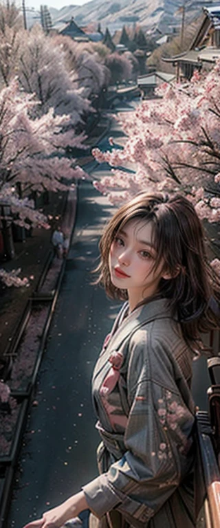 ((masterpiece, highest quality, Highest image quality, High resolution, photorealistic, Raw photo, 8K)), Spring Morning, In a rural Japanese town, students head for the train station along a road lined with cherry blossom trees, (View from above:1.3),