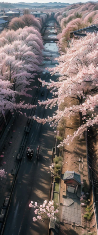 ((masterpiece, highest quality, Highest image quality, High resolution, photorealistic, Raw photo, 8K)), Spring Morning, In a rural Japanese town, students head for the train station along a road lined with cherry blossom trees, (View from above:1.3),