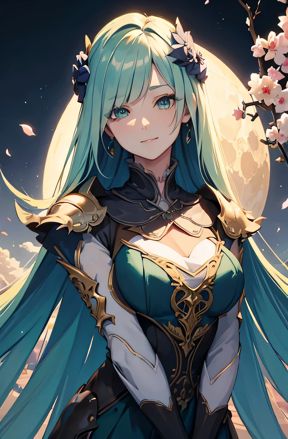 (masterpiece),(best quality), illustration, (fantasy:1.4), long teal accent hair, long eye lashes, solid circle eyes, light smile, drop shadow, anaglyph, stereogram, atmospheric perspective, 8k, super detail, accurate, best quality, UHD, textured skin, long dress, a moon, flowers , paper_cut
