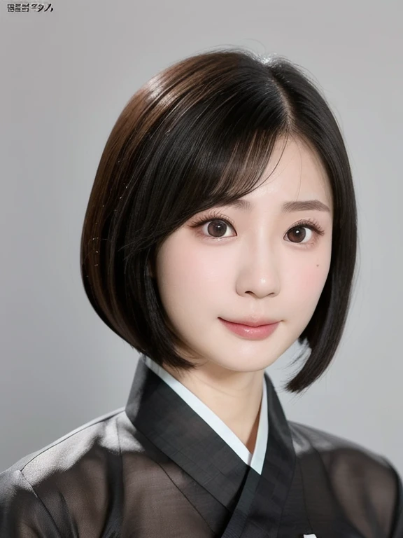 (kawaii 24 year-old Japanese girl, Nogizaka idol, Korean idol), (glossy black hair, medium bob cut:1.3), (extra rounded face, forehead, single eyelid, no makeup, soft smile:1.2), (wearing Hanbok, Korean traditional cloth:1.3), (looking at viewer:1.2), BREAK, (simple white background:1.2), (dynamic angle, portrait:1.3), BREAK, (masterpiece, best quality, photo realistic, official art:1.4), (UHD, 8K quality wallpaper, high resolution, raw photo, film grain:1.2), (shiny skin), professional lighting, physically based rendering, award winning, (perfect ???????, highly detailed skin, extremely detailed face and eyes, well drawn clear pupils), Carl Zeiss 85 mm F/1.4, depth of field, 1girl, solo,