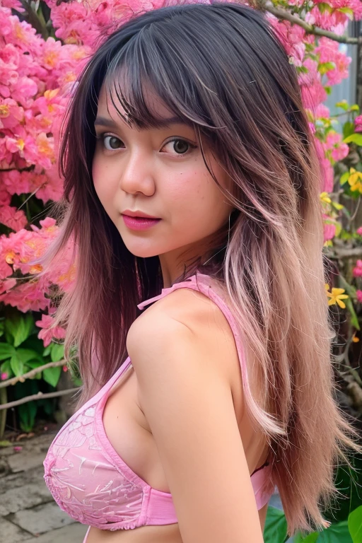 (highly detailed body, highly detailed face, best quality:1.2) ,A Woman, look at viewer, (Pink bra, Jeans), (Pink bougainvillea mess in background:1.4)