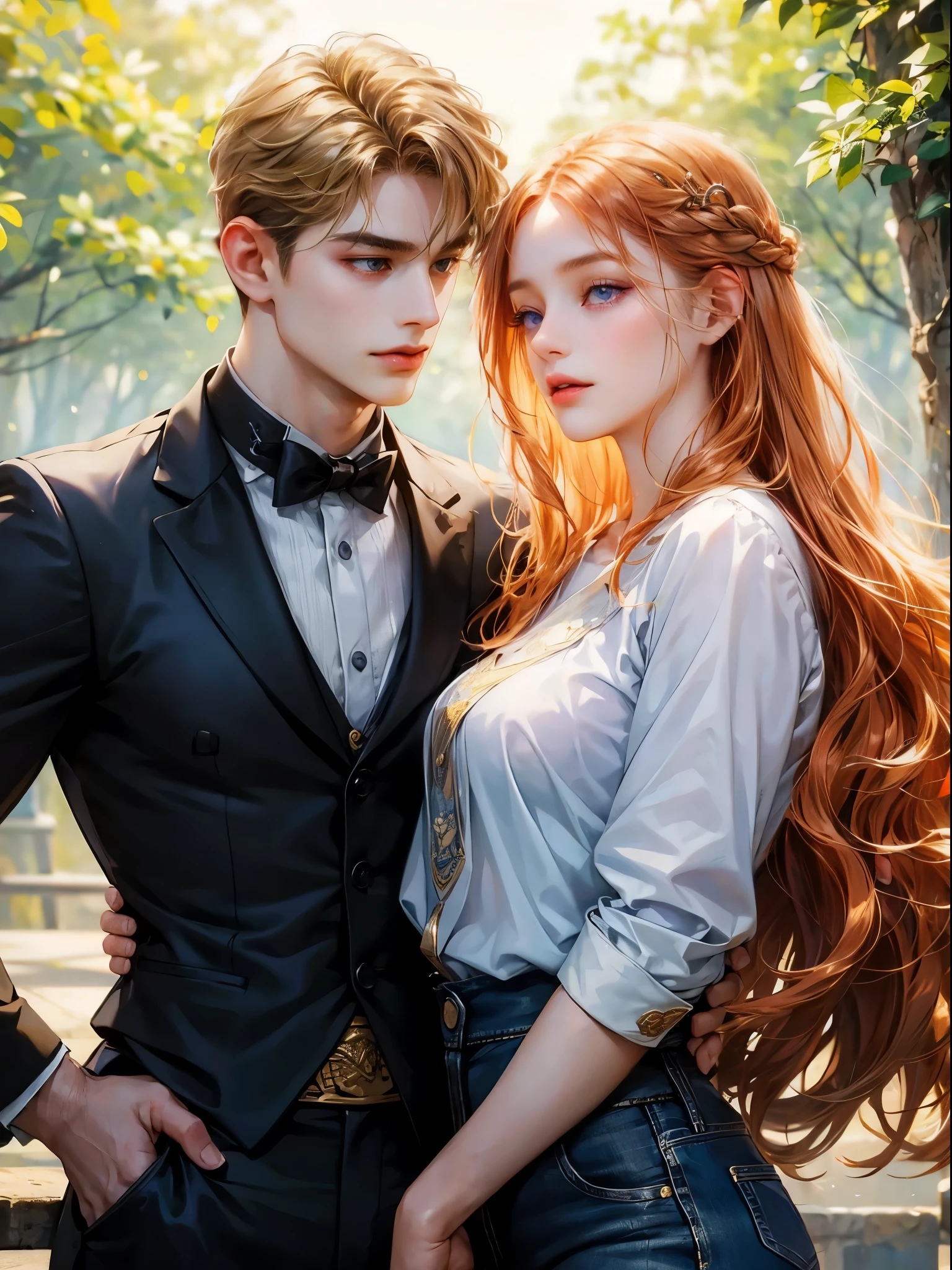The girl has long copper colored hair, wavy hair, no bangs