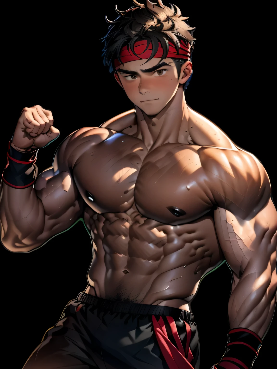 (Masterpiece, Best quality 18 year old boy, black background, bust shot, looking away), solo, Young, boy, muscler, full bodyesbian, Shirtless, topless, (Dark Short straight hair, under cut, brown eyes), (red headband, ((black wristband))), Vivid colors, (hot Abs, big breast, chest muscle, upper arms), (topless male), closed mouth, tight muscler body, ((epic fighting pose))