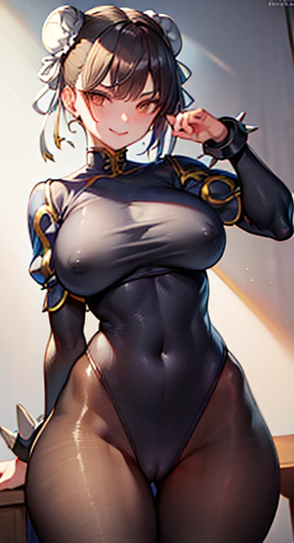 solo, masterpiece, best quality, agrias, grey sweater, black leotard, standing, looking at viewer, short hair,oculos,evil smile, evil look, chun li,luvas preta