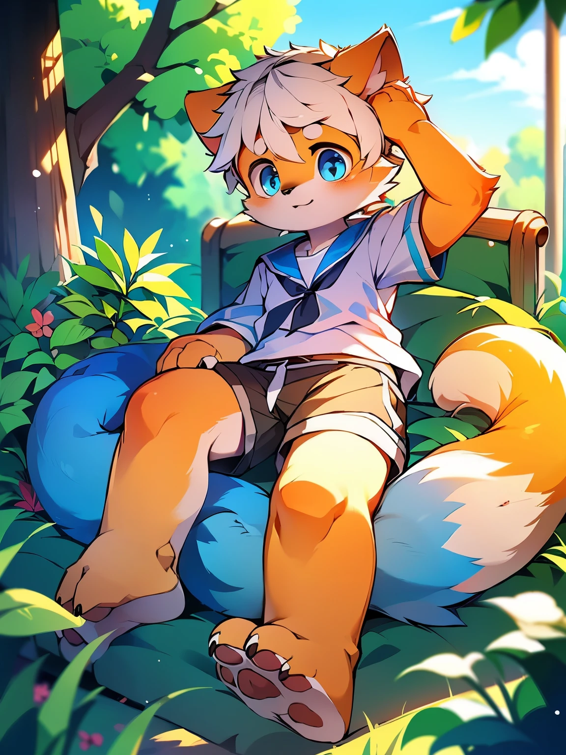 Eyes are bright, panoramic, Character Focus Solo, hairy, hairy的 male cat, Yellow-wHellote fur for men, blue eyes, white hair(long),Wear orange shorts and shorts,CasualClotHellong,young style,Height 1.7 meters,Handsome, has a tail,Humanity,hairy的,wild,(digital media \(a work of art\):1.2),(Hello,It's notHellong,H:1.2),perfect anatomy,anatomically correct,detailed,detailed face,detailed eyes,(realistic fur,detailed fur:1.25),detailed background,amazing background,lying on bed,Sailor suit,behave in a spoiled manner.