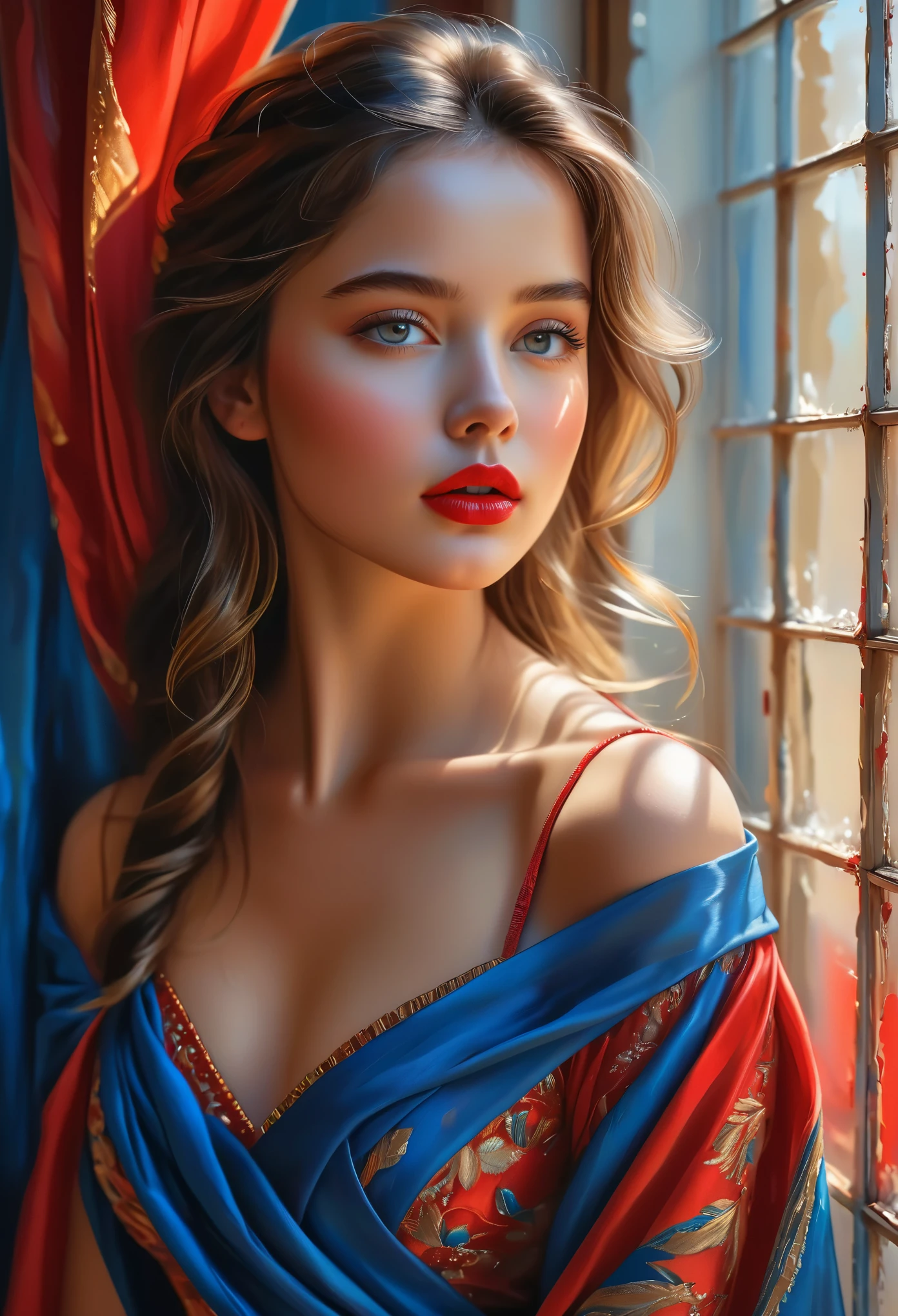 (Best Quality, 4K, 8K, High Resolution, Masterpiece: 1.2), (Super Detailed, Realistic, Photorealistic:1.37)A captivating young girl, donning a striking ensemble of red and blue, stands before a window with an air of toughness and determination. Her enchanting eyes are exquisitely detailed, capturing every glimmer and depth, while her lips boast a meticulous beauty that is both captivating and alluring. The level of detail extends to her entire face, each contour and feature meticulously rendered to perfection, creating a sense of hyper-realism that draws the viewer in. 

The girl's attire, reminiscent of oil painting art, is a work of art in itself. The fabric, skillfully crafted to resemble vibrant brushstrokes, adds a touch of dynamism to her overall appearance. It is a true reflection of the artist's talent, showcasing a mastery