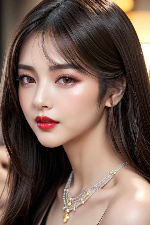 (highest quality、Full body photo 1.2、8K、best image quality、Award-winning work)、(one young girl, 14 years old:1.3)、(Luxury dresses:1.2)、(red eyeshadow:1.2)、perfect makeup、long eyelashes、Super high-definition sparkling eyes、ultra high definition hair、ultra high resolution glossy lips、Super high resolution perfect teeth、Super high resolution cute face、brown hair、(((very long straight hair:1.5))、look at me and smile、[clavicle]、accurate anatomy、(close up of face:1.5)、Luxury love hotel、(The most moody warm lighting:1.2)、blurred background、With bangs、Super high-resolution glossy and moisturized face、Super high resolution glowing skin、most detailed face、Ultra high resolution detailed faces、ultra high resolution hair、Super high resolution sparkling eyes、Beautiful face drawn in every detail、Super high resolution glossy red lips、big breasts、cleavage、Fashionable necklaces