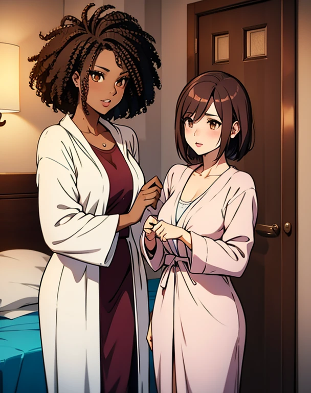 2 woman, bedroom, bathrobe, hair with acessories, brown hair, curvy, dark skin, afro hair