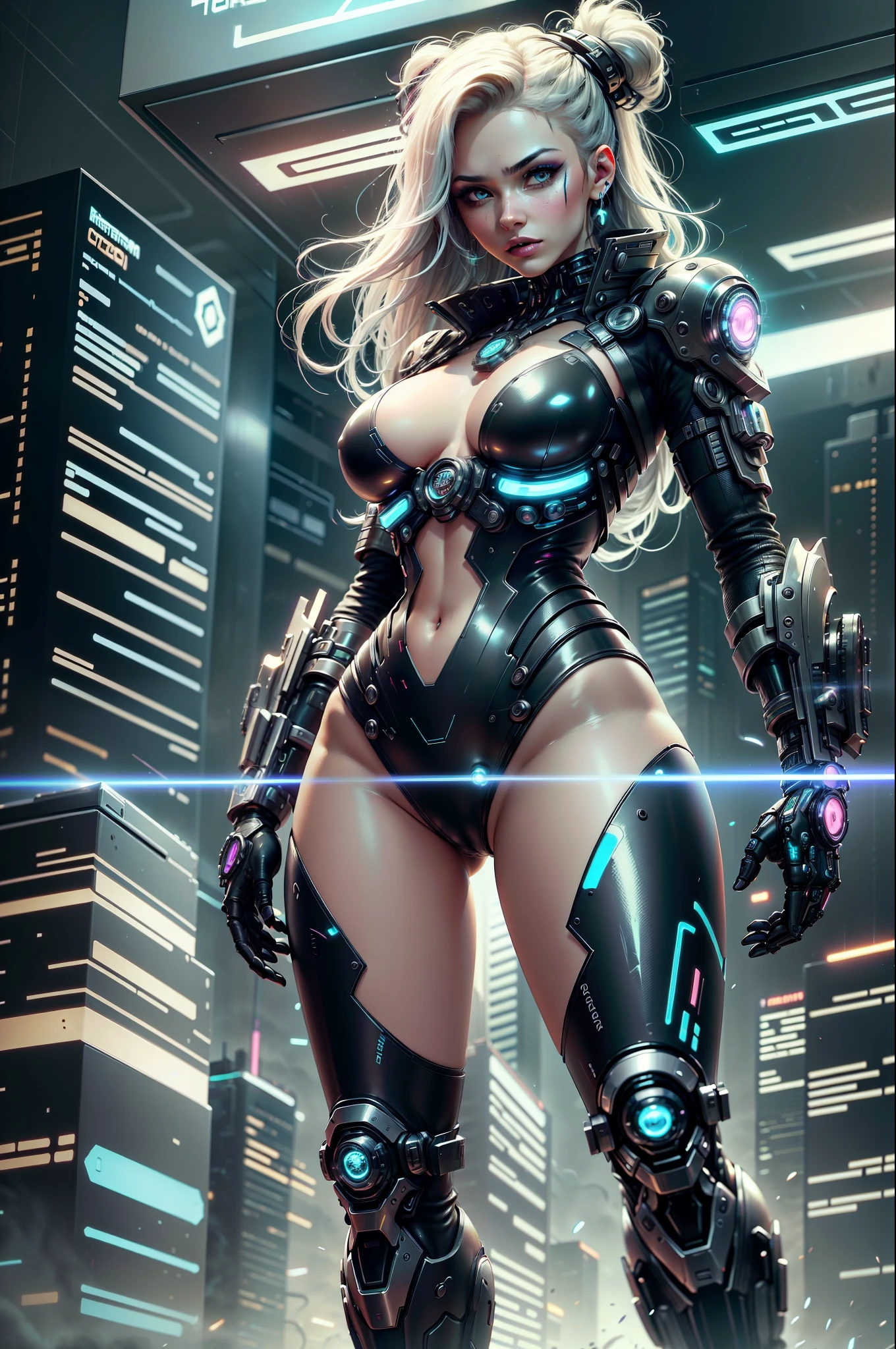 Cyber Woman en una Futurista Ciudad CyberpunkUna imponente mujer cyberpunk, with a full body on display, is depicted in a futuristic cyberpunk city. His eyes shine with intense neon., reflecting the cityscape filled with dystopian skyscrapers, Holographic advertisements and flying vehicles in the middle of a night sky illuminated by vibrant neons. The cybernetic woman sports a shiny metallic skin, covered in intricate cybernetic details and circuit tattoos. Su postura es segura y desafiante