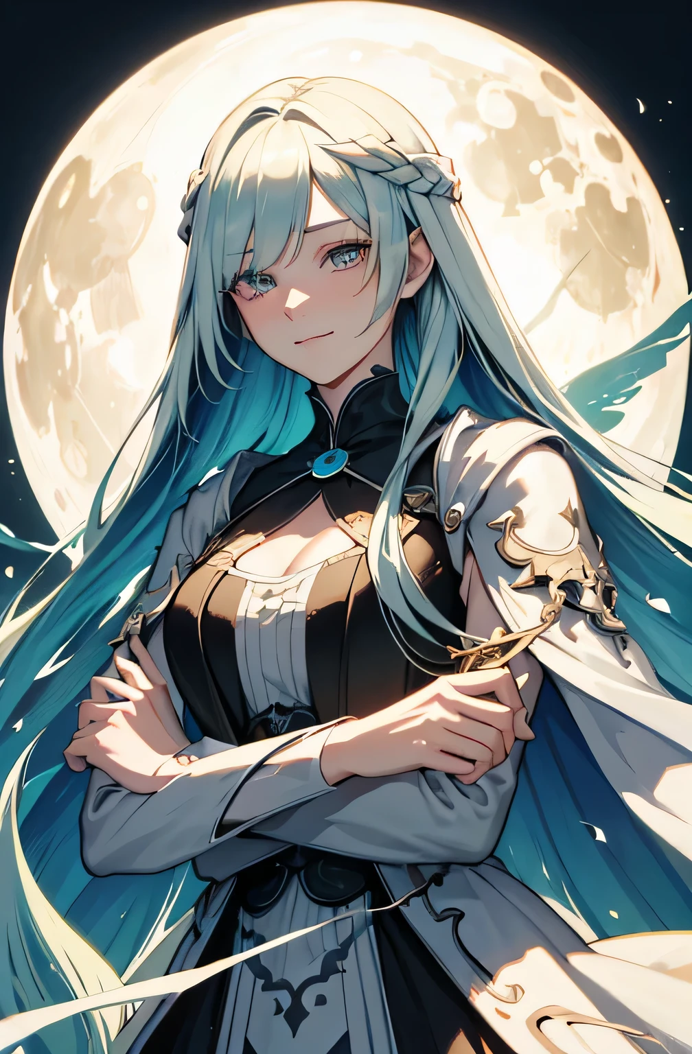 (masterpiece),(best quality), illustration, (fantasy:1.4), long white hair with teal accent, long eye lashes, solid circle eyes, light smile, drop shadow, anaglyph, stereogram, atmospheric perspective, 8k, super detail, accurate, best quality, UHD, textured skin, long dress, a moon, flowers , paper_cut