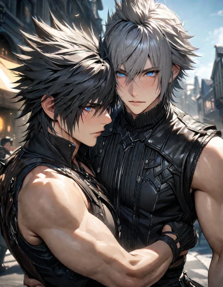 absurdres, highres, ultra detailed, HDR), masterpiece, best quality, vibrant blue eyes, finely eyes and detailed face, Riku, grey hair, Kingdom hearts, Noctis Lucis Caelum, black spiky hair, Final fantasy xv, a man carrying a man on his back, gay, handsome, black fantasy clothes, street
