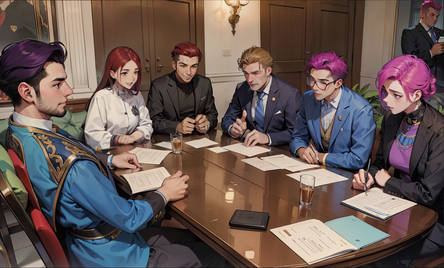 estilo anime sencillo reunion de villanos estan sonrriendo con malicia planeando algo malo