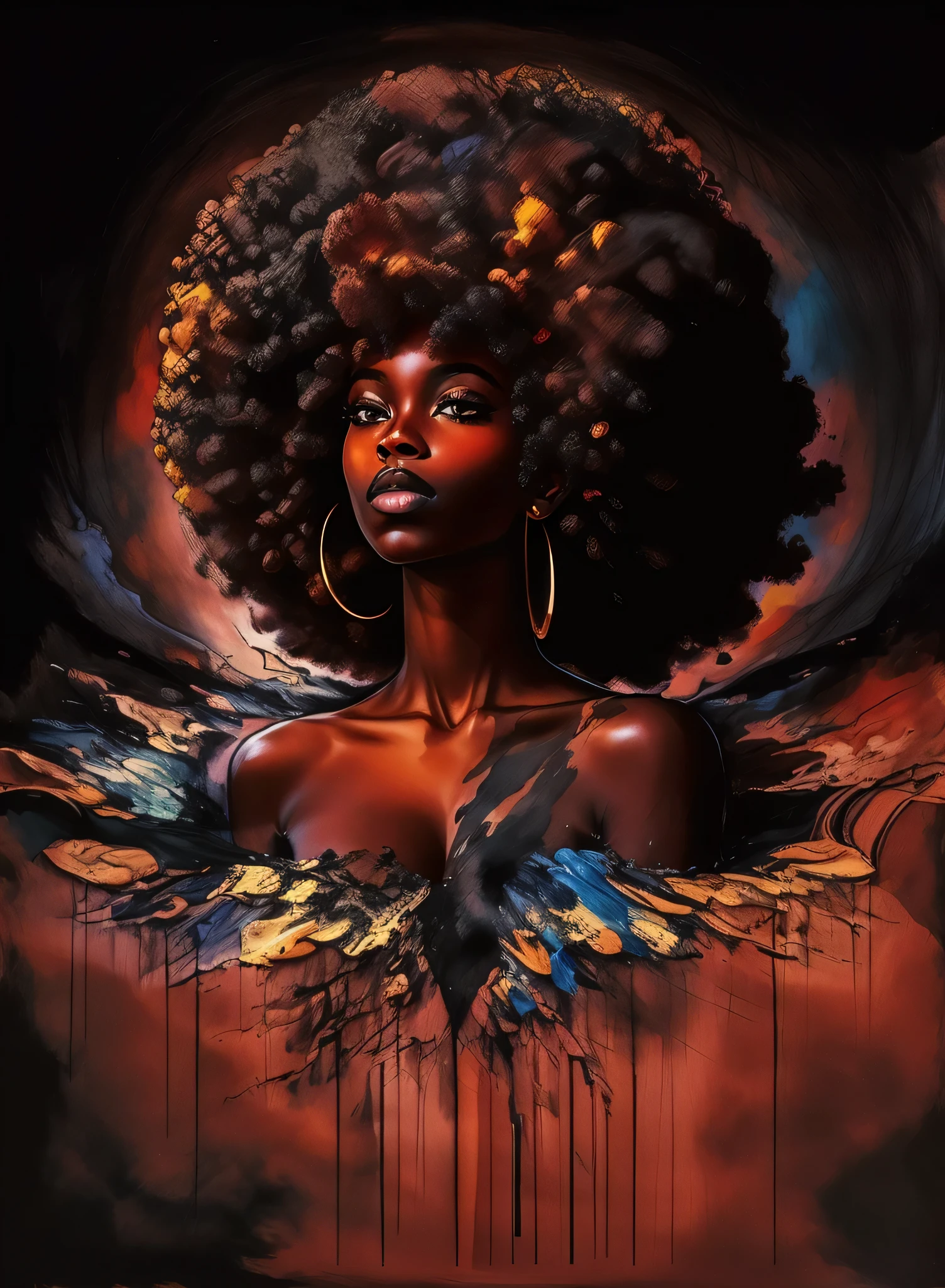 afro girl head with a lindo turban in the center, black sky, Alcohol-based ink and impasto mixture,  Explosion, 
Yang08k,  lindo,  colorida,
obras-primas, maximum quality, Melhor qualidade, arte oficial, lindo and aesthetic,