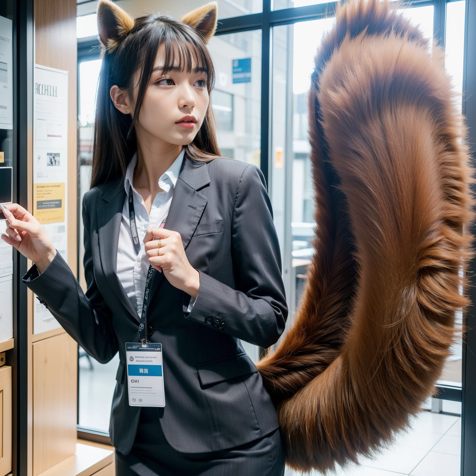 A woman with a raccoon tail, highest quality, table top, beautiful mature woman、beautiful face、strong-willed woman、(brown eyes)、long hair、smaller face、(((skirt suit)))、((office suit))、Looks like a whole body、bushy tail, photograph