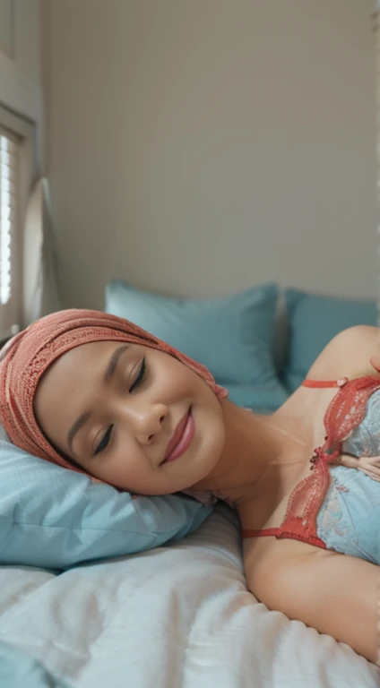 matured malay woman in hijab wearing sexy red color lace lingerie sleeping in bed portrait photography, lying in bed, mid shot photo, ultra detail, professional photograph with professional lighting, smile, light blue bed, bedroom, sexy seducing sleep pose, curvy