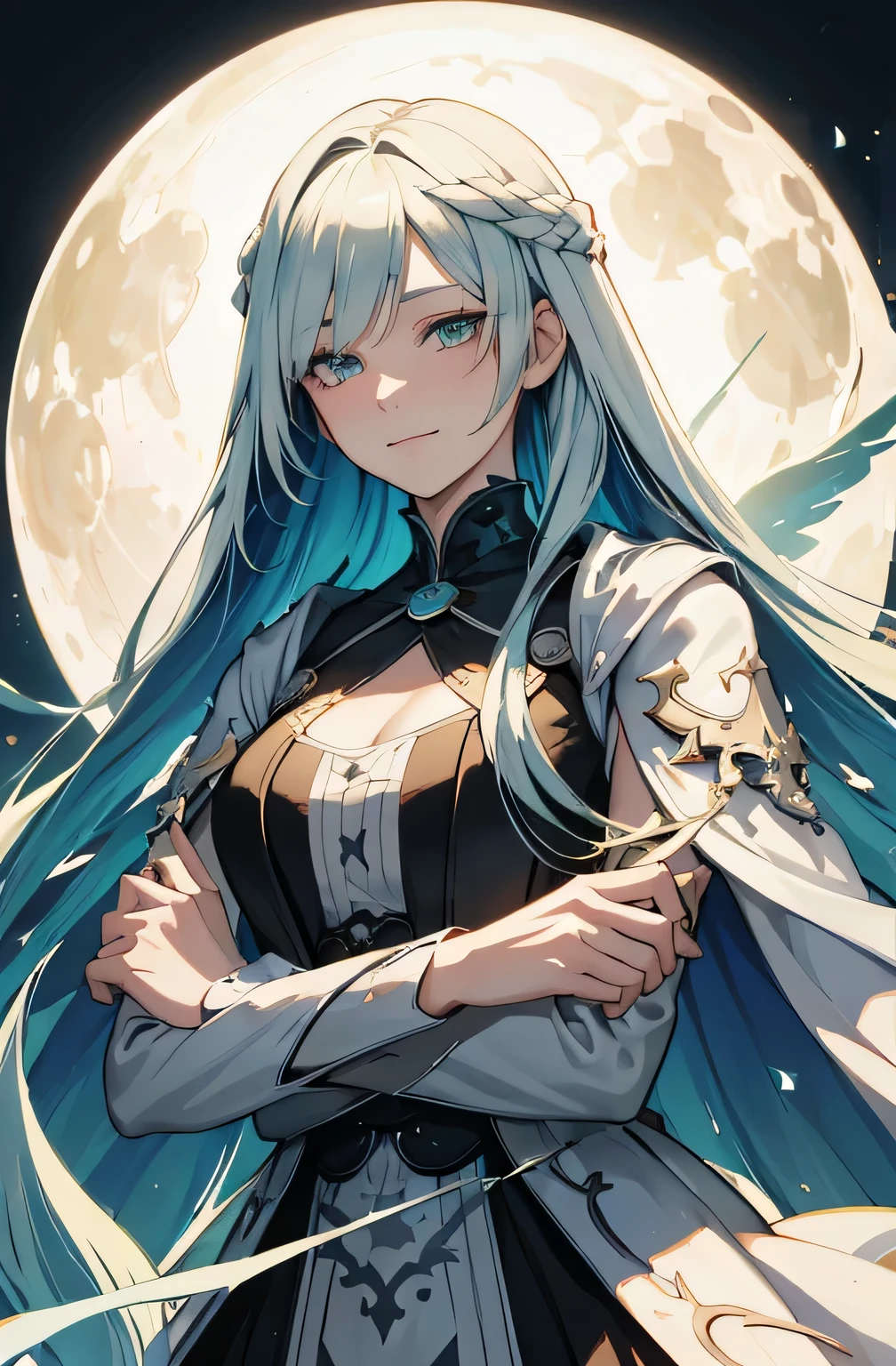 (masterpiece),(best quality), illustration, (fantasy:1.4), long white hair with teal accent, long eye lashes, solid circle eyes, light smile, drop shadow, anaglyph, stereogram, atmospheric perspective, 8k, super detail, accurate, best quality, UHD, textured skin, long dress, a moon, flowers , paper_cut