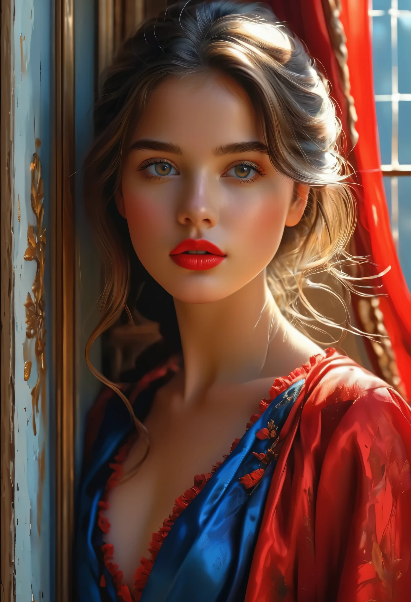 (Best Quality, 4K, 8K, High Resolution, Masterpiece: 1.2), (Super Detailed, Realistic, Photorealistic:1.37)A captivating young girl, donning a striking ensemble of red and blue, stands before a window with an air of toughness and determination. Her enchanting eyes are exquisitely detailed, capturing every glimmer and depth, while her lips boast a meticulous beauty that is both captivating and alluring. The level of detail extends to her entire face, each contour and feature meticulously rendered to perfection, creating a sense of hyper-realism that draws the viewer in. 

The girl's attire, reminiscent of oil painting art, is a work of art in itself. The fabric, skillfully crafted to resemble vibrant brushstrokes, adds a touch of dynamism to her overall appearance. It is a true reflection of the artist's talent, showcasing a mastery