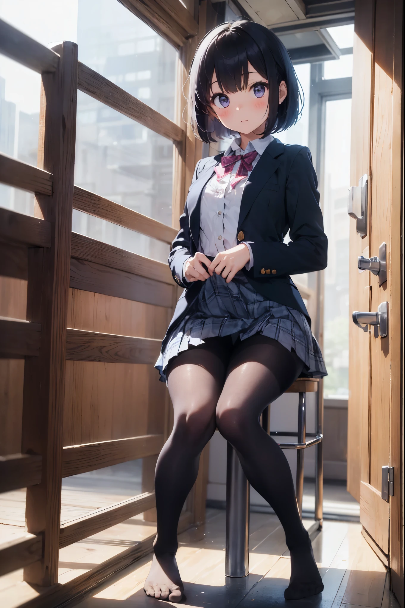 finest, masterpiece, High resolution, (whole body), front, symmetry, mature , alone, (whole body from head to toe), small breasts, ((((bob hair))))、light purple eyes, Little black hair, (black tights), ( (black pantyhose), black pantyhose, (composition where she is made to sit and lift her feet and make her feet open), Composition Please show me your black pants, slender beautiful feet, very beautiful 17 year old girl (not wearing shoes) feet), blush, shy big eyes, messy hair, looking at camera, Please show me your white pants, White ruffled lingerie, high school uniform blazer, High school uniform white blouse, High with blue ribbon, I'm holding short plaid high shoes and a navy pleated skirt in my hands。