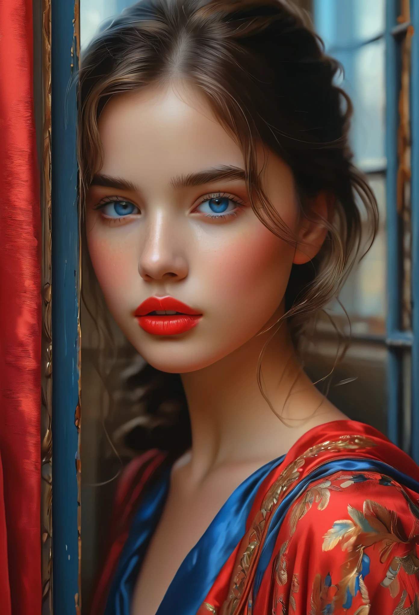 (Best Quality, 4K, 8K, High Resolution, Masterpiece: 1.2), (Super Detailed, Realistic, Photorealistic:1.37)A captivating young girl, donning a striking ensemble of red and blue, stands before a window with an air of toughness and determination. Her enchanting eyes are exquisitely detailed, capturing every glimmer and depth, while her lips boast a meticulous beauty that is both captivating and alluring. The level of detail extends to her entire face, each contour and feature meticulously rendered to perfection, creating a sense of hyper-realism that draws the viewer in. 

The girl's attire, reminiscent of oil painting art, is a work of art in itself. The fabric, skillfully crafted to resemble vibrant brushstrokes, adds a touch of dynamism to her overall appearance. It is a true reflection of the artist's talent, showcasing a mastery