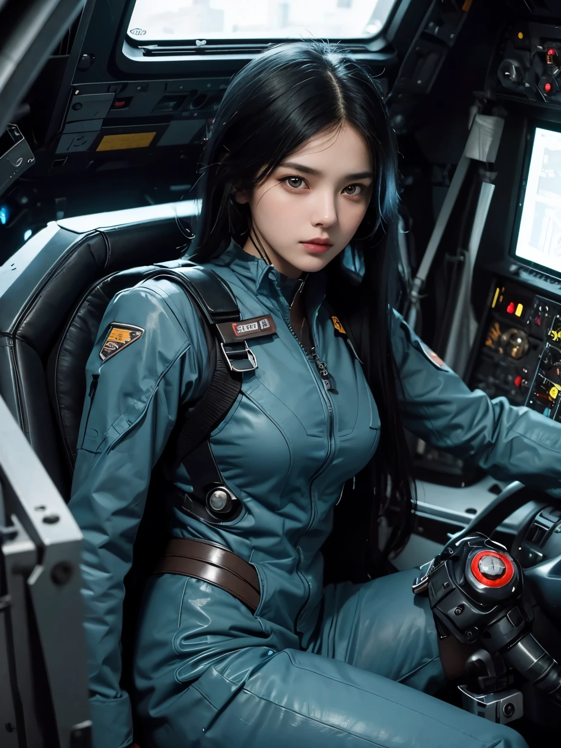 A beautiful girl. eighteen. Black hair. She is looking at the camera with a defiant expression. She wears a pilot suit made of blue-black metal. She is sitting in the robot's cockpit.