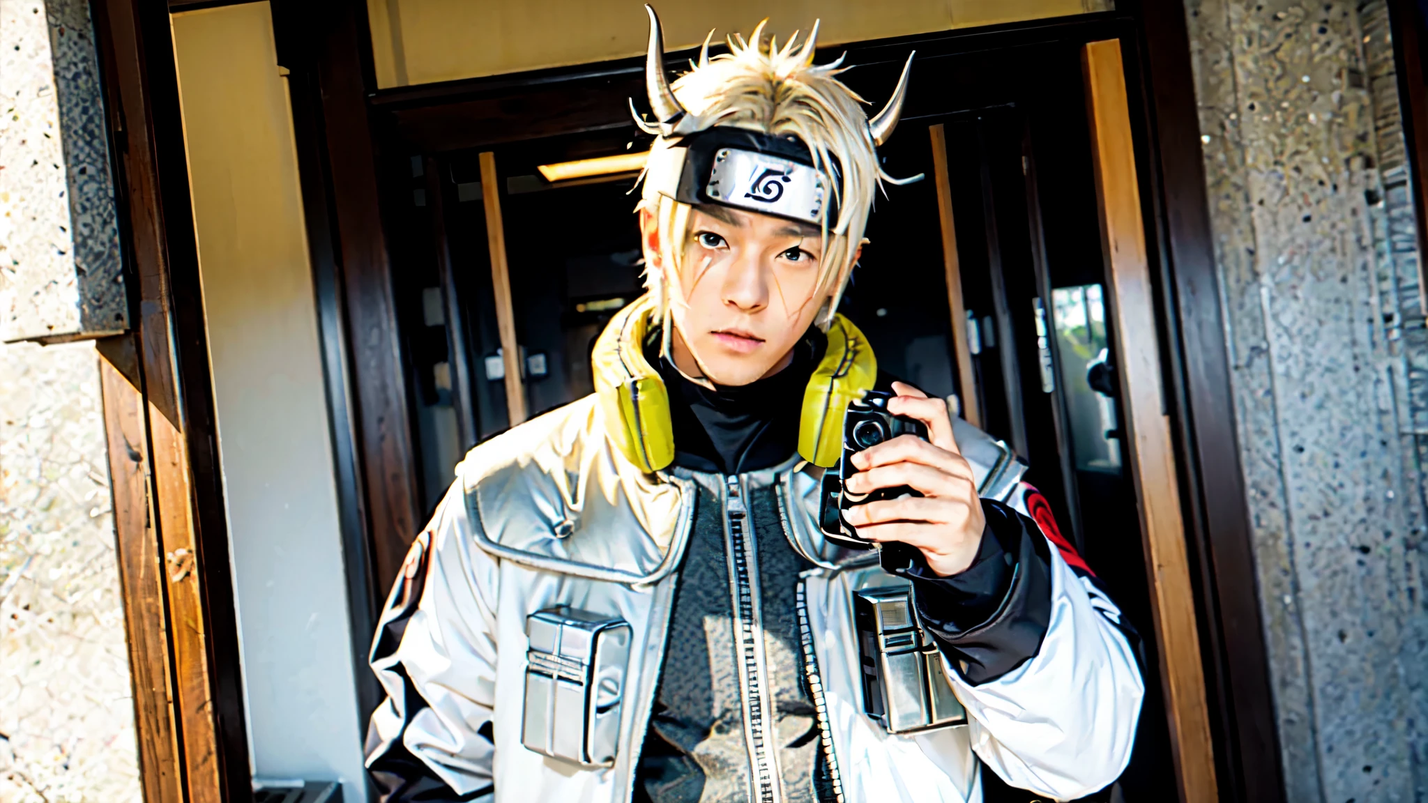 Isshiki Otsutsuki, Naruto character, white male, horn, white suit, yellow eyes, tall, holding camera