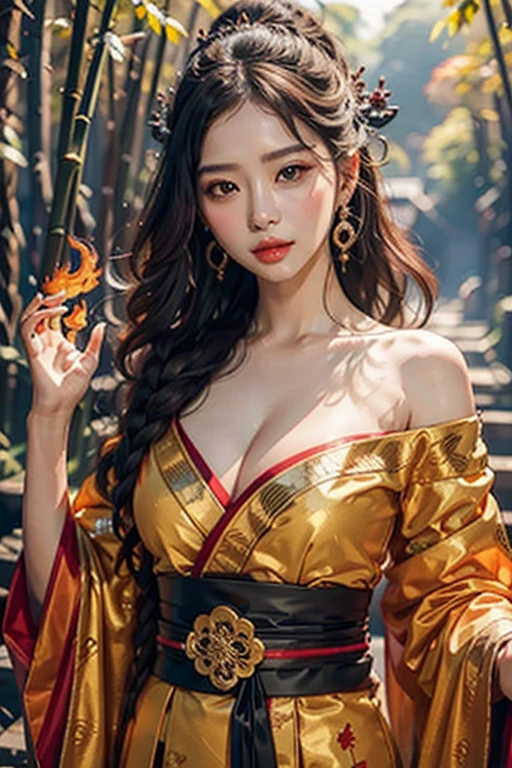top-quality、masterpiece、超A high resolution、1girl、beautiful_face、Detailed skin、full bodyesbian、yuhuoshu、jewely、solo、earrings、(firey:1.3)、bblurry、life-like、s lips、quaint、37 yo, japanese mature woman、Gorgeous open shoulder kimono, cleavage 、sexy-face、background is bamboo forest、Top image quality、