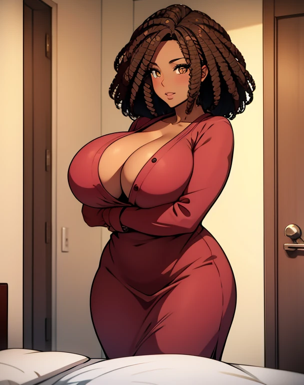 2 dark skinned woman, bedroom, bathrobe, hair with acessories, brown hair, curvy, afro hair