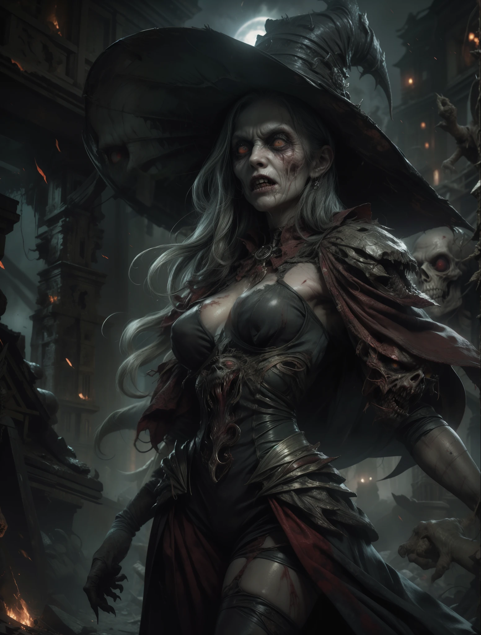 best quality,4k,8k,highres,masterpiece:1.2,ultra-detailed,realistic:1.37,zombie,horror,gruesome,spooky,pale complexion,sunken eyes,rotting flesh,tattered clothes,shambling gait,fear-inducing,unsettling,creepy atmosphere,dark shadows,shrieks and moans,abandoned graveyard,lit by moonlight,hazy fog,morbid,horde of zombies,post-apocalyptic setting,dilapidated buildings,mysterious ambience,terrifying,undead,claws,ghoulish,haunting,horror movie-inspired,color grading:desaturated and desaturated green,low-key lighting,ominous,ragged appearance,bloodstained teeth,decayed features,menacing presence,cracking bones,creaking joints,terrified bystanders,bloodcurdling screams,zombie