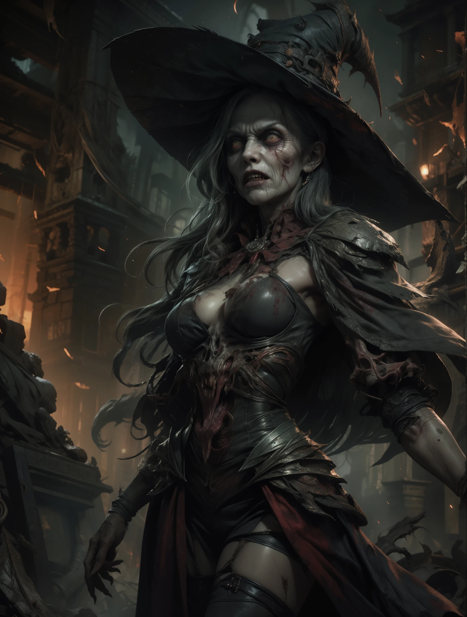 best quality,4k,8k,highres,masterpiece:1.2,ultra-detailed,realistic:1.37,zombie,horror,gruesome,spooky,pale complexion,sunken eyes,rotting flesh,tattered clothes,shambling gait,fear-inducing,unsettling,creepy atmosphere,dark shadows,shrieks and moans,abandoned graveyard,lit by moonlight,hazy fog,morbid,horde of zombies,post-apocalyptic setting,dilapidated buildings,mysterious ambience,terrifying,undead,claws,ghoulish,haunting,horror movie-inspired,color grading:desaturated and desaturated green,low-key lighting,ominous,ragged appearance,bloodstained teeth,decayed features,menacing presence,cracking bones,creaking joints,terrified bystanders,bloodcurdling screams,zombie