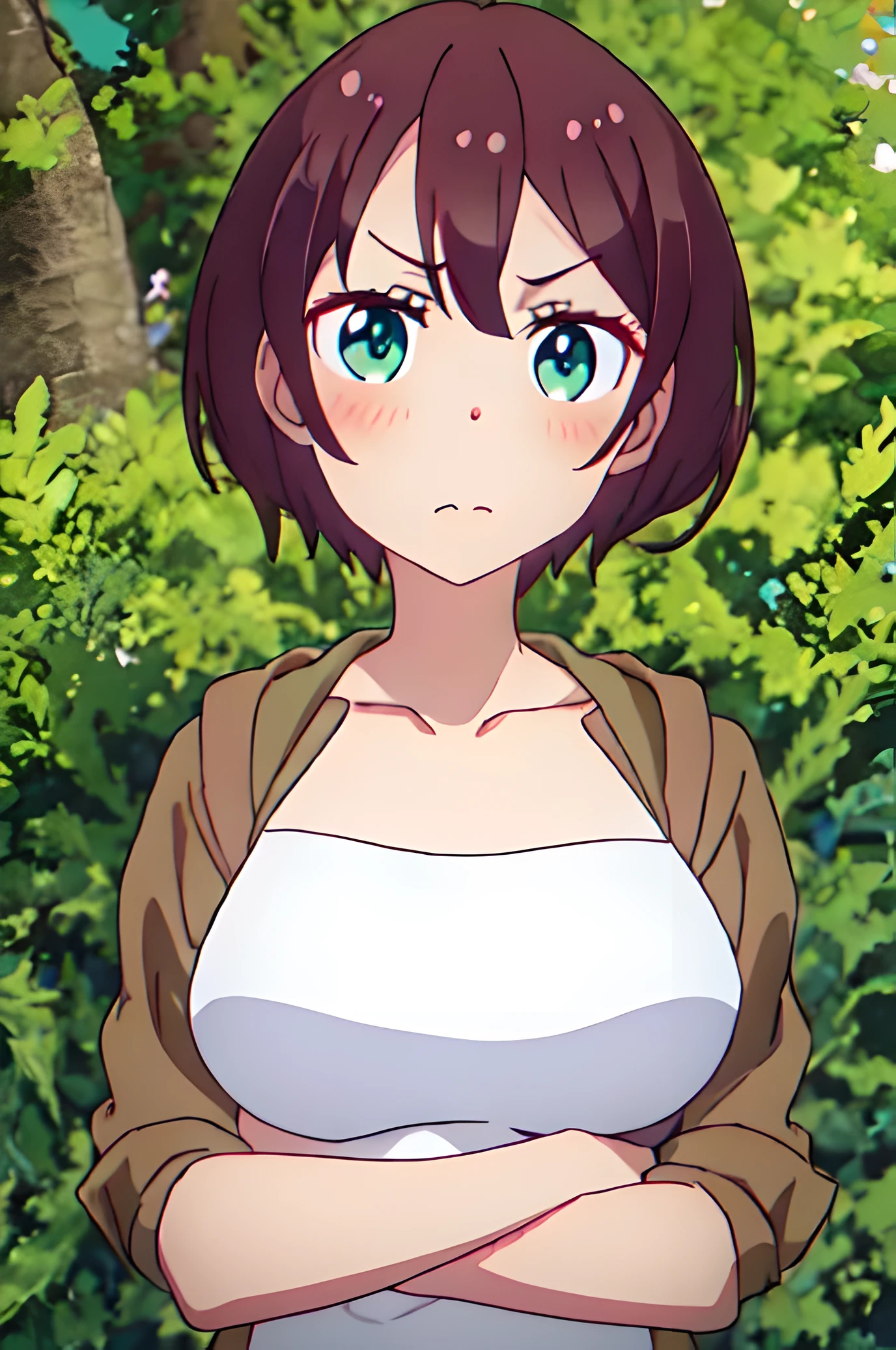 best quality, masterpiece, highres, solo, {shinoda_hajime_newgame:1.15}, brown_hair, short_hair, green_eyes, blush, collarbone, serious, big_forehead, 1girl, anime_coloring, closed_mouth, hair_between_eyes, bangs, looking_at_viewer, blurry, outdoors, middle body