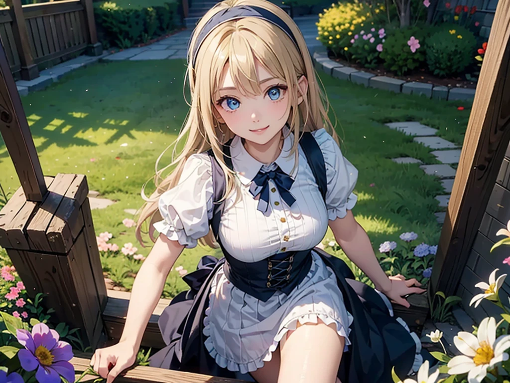 (masterpiece, highest quality, highest quality,official art),(1 girl:1.3),(attractive girl),((masterpiece, highest quality))、8K、one woman、((26 years old))、((blonde))、shortcut、attractive woman、blue eyes、Big eyes、sparkling eyes、Beautifully drawn eyes、bright smile、small bust、blue gothic maid、white headband、Knee to head、(dance)、flower bed full of blooming flowers、Gorgeous illustrations、aerial perspective、pure、transparent、Light、Light、Light、Light、