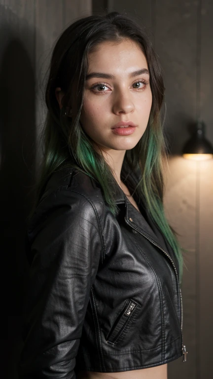 1girls, beautiful detailed eyes, beautiful detailed lips, long eyelashes, Nur, green hair, 24 years old, wearing a black leather jacket and a mini skirt, pose in front of a striped wall in a classic stance, portrait, medium: oil painting, highres, vivid colors, soft lighting